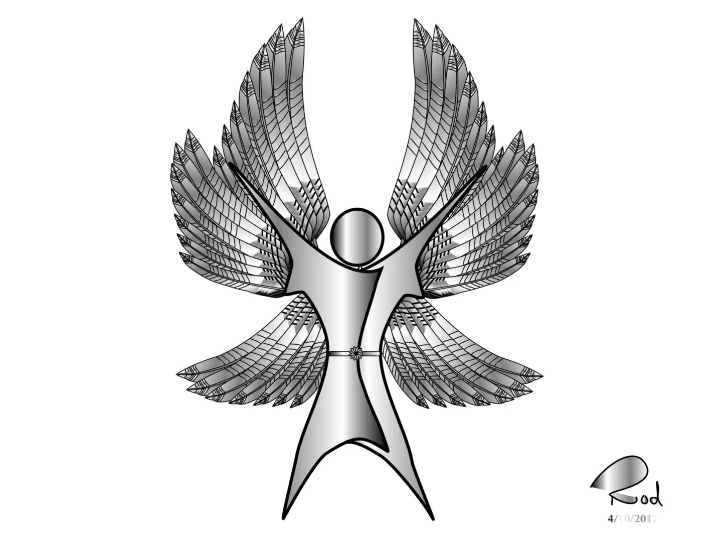 A silver angel with wings spread and arms outstretched.