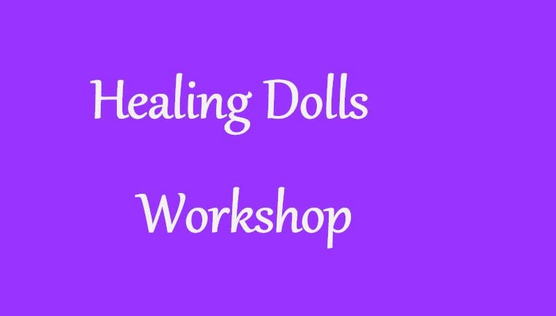 A purple banner with the words " healing dolls workshop ".