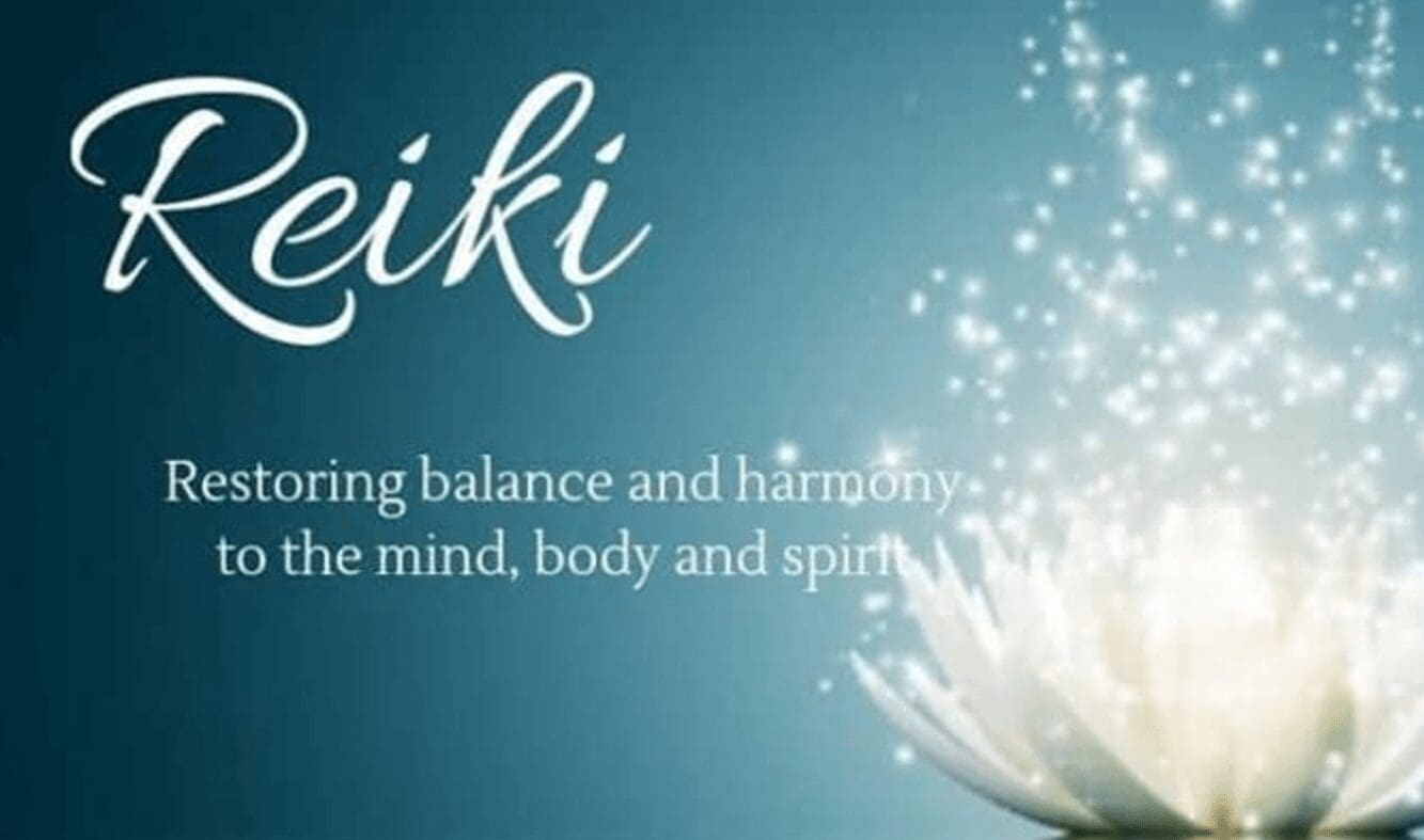 A blue background with the word reiki written in white letters.