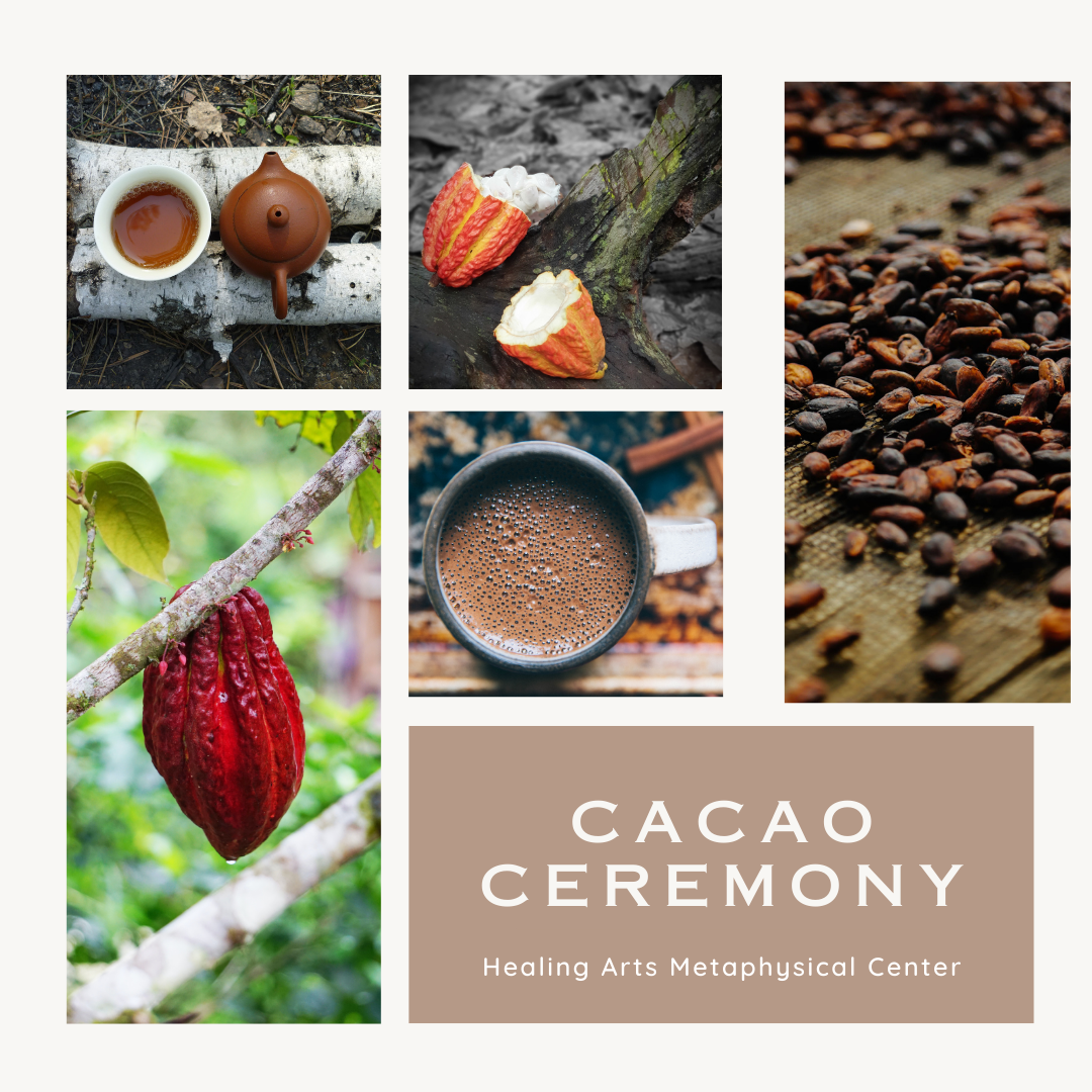 A poster of Cacao Ceremony Collage with a collage of different fruits and beans and tea