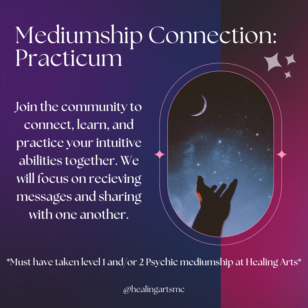 A poster with the words mediumship connection : practicum.