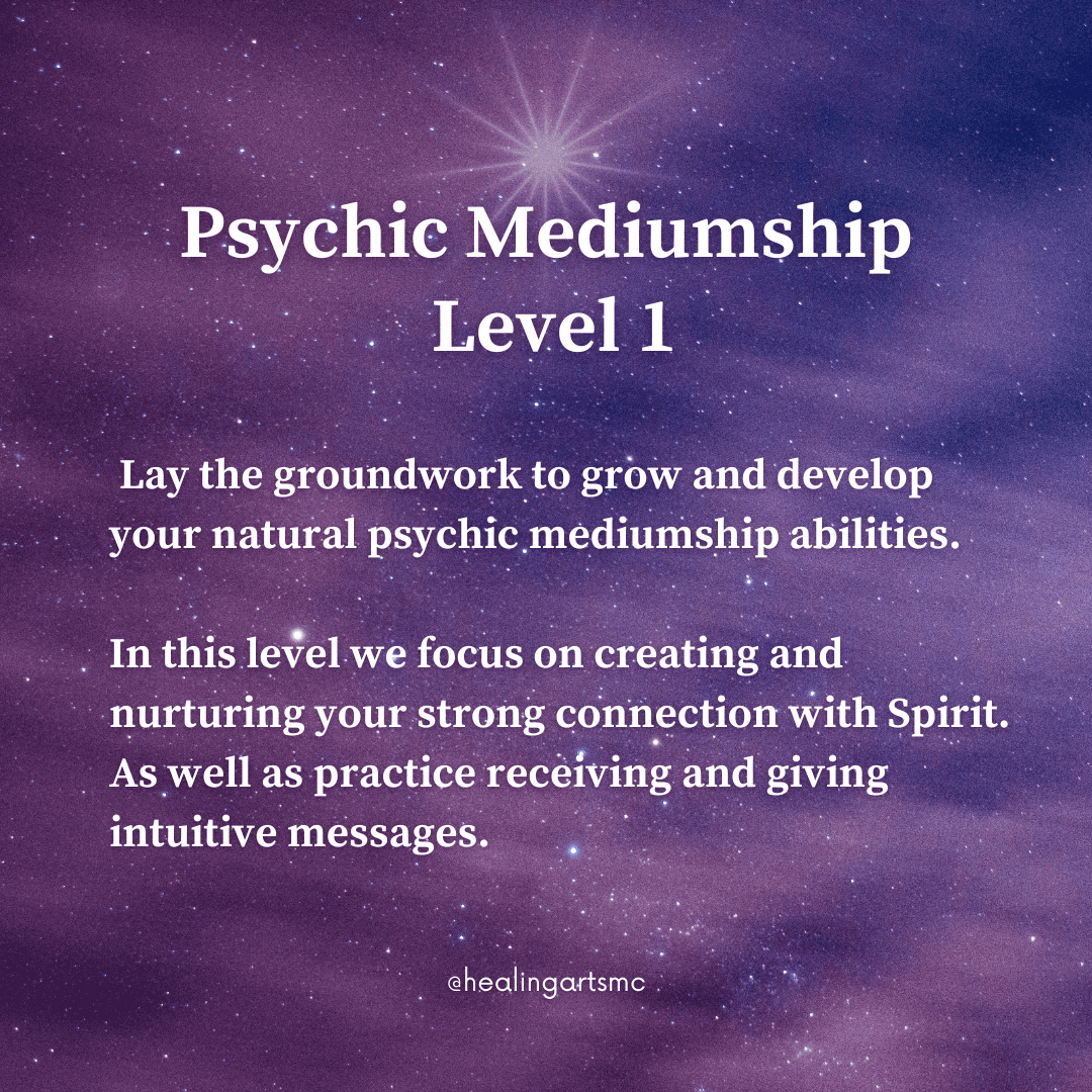 A poster of psychic mediumship level 1 with purple background