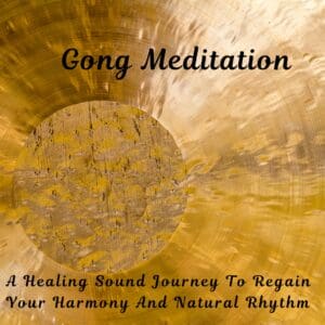 A gold colored gong with the words " gong meditation " written above it.