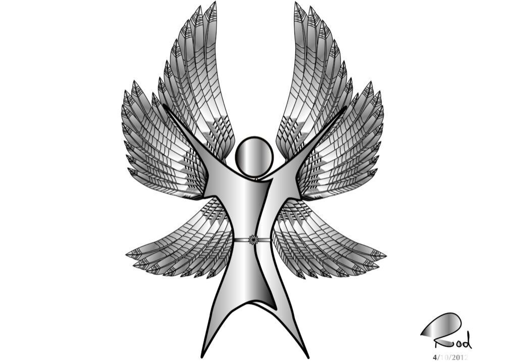 A silver angel with wings spread and arms outstretched.