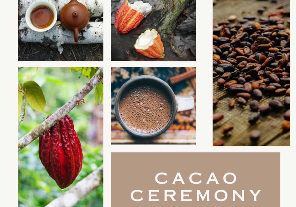 A collage of photos with the words cacao ceremony