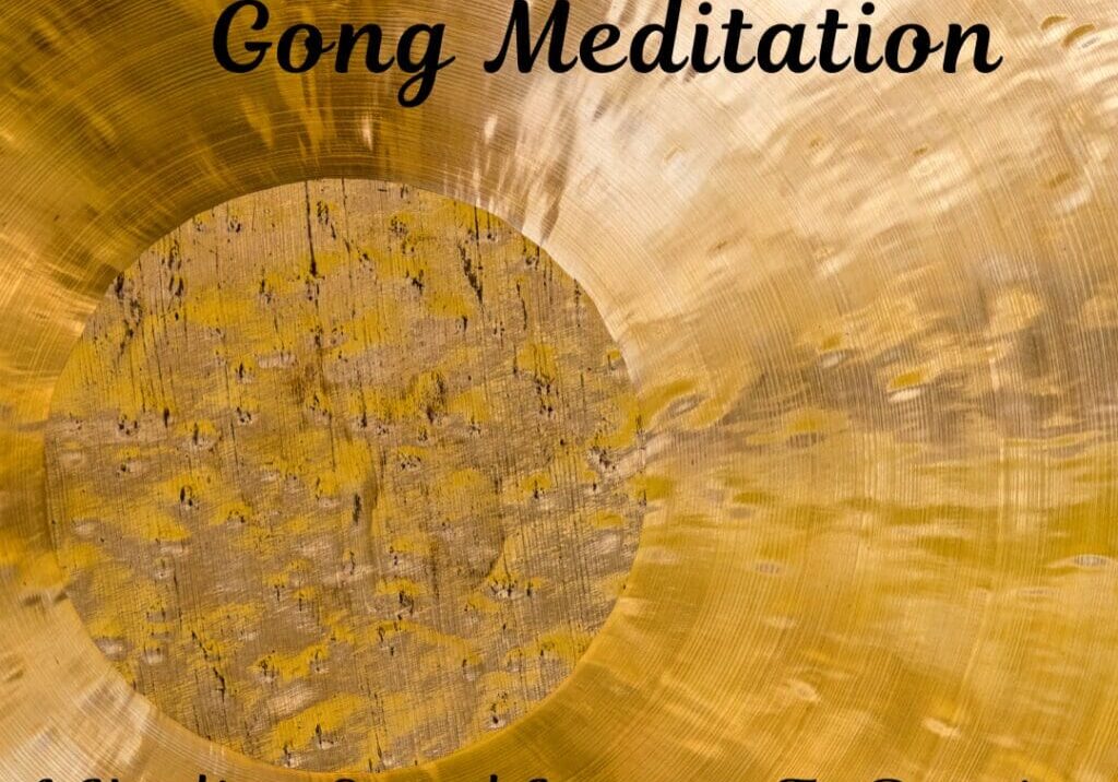 A gold colored gong with the words " gong meditation " written above it.