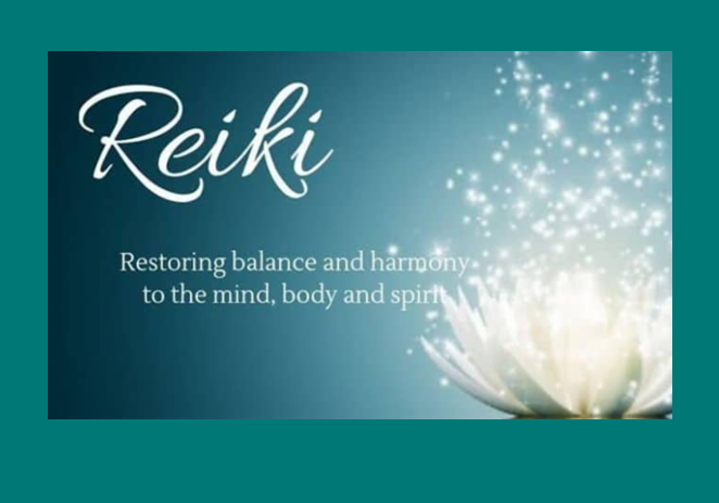 A blue and white banner with the word reiki written in front of it.